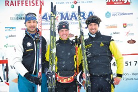 Le trio de tête de la Mara 2016. De g. à dr: Antonin Pellegrini (3 e), Mathias Inniger (1er) et Guillaume Lalevée (2e). © Carole Alkabes