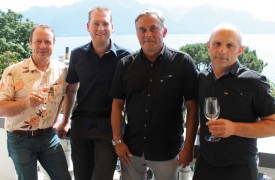De g. à dr.: Patrick Keller (Cave des 13 Coteaux), Benjamin Morel (Cave du Château de Valeyres), Eric Schopfer (domaine Le Champagnoux, appellation Bonvillars) et Olivier Chautems, secrétaire du comité de promotion des Côtes de l’Orbe. © Ludovic Pillonel