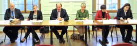 Laurent Gabella, président de la SIC, Marianne Savary, municipale, Daniel von Siebenthal, syndic, Nathalie Saugy, vice-syndique, Brigitte Praplan, Institut Suisse Jeunesse et Médias, Cesla Amarelle, Littérature en Couleurs. © Michel Duperrex