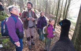 Les adultes écoutent l’ornithologue Yves Menétrey (au centre), alors que les enfants prêtent plus d’attention à l’alpaga. © Muriel Aubert