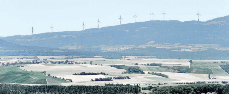 Le projet de Bel Coster et ses neuf éoliennes, sur les hauteurs de Ballaigues, Lignerolle et L’Abergement, tel qu’il est prévu. Image d’illustration