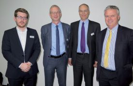 Sébastien Genoud, responsable du bureau d’agglomération, Pierre Imhof, chef du Service du développement territorial (SDT) du Canton de Vaud, Yves Delacrétaz, professeur en mobilité et transport à la HEIG-VD, et Jean-Daniel Carrard, syndic et président du comité de pilotage d’AggloY. ©Raposo