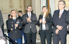 Le colonel Stéphane Bras, le commandant de Police Nord vaudois Pascal Pittet, Monica Bonfanti, cheffe de la Police cantonale de Genève, et Jacques Antenen, commandant de la Police cantonale vaudoise. ©Isidore Raposo