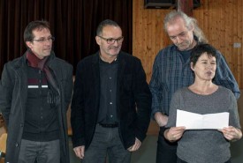 (De g. à d) Didier Flaction, de Cronay, Jean-Marc Ballif, de Cuarny, Yves-René Bovay, d’Ursins, et d’ Annie Miéville-Lopez de Valeyres-sous-Ursins, lors de l’annonce des résultats. © Champi